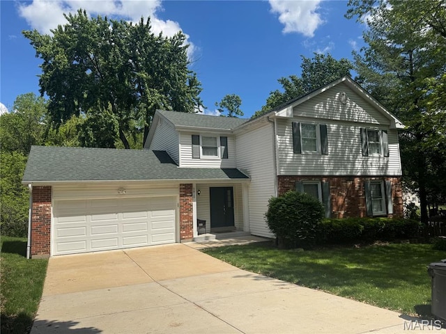 5810 White Pine Dr, Saint Louis, MO 63129 - view of front of property featuring brick siding, an attached garage, concrete driveway, and a front lawn