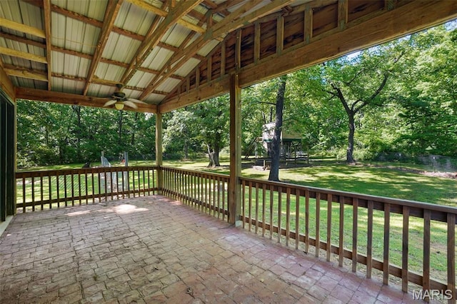 14938 Pike 139, Bowling Green, MO 63334 - view of patio with ceiling fan and view of wooded area