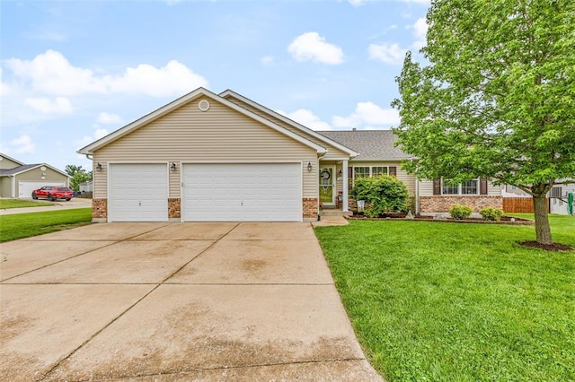 ranch-style house with brick siding, concrete driveway, a front lawn, and an attached garage