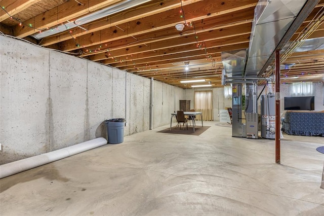 unfinished below grade area with water heater and heating unit