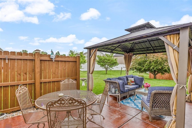 view of patio with outdoor lounge area, a gazebo, and outdoor dining space