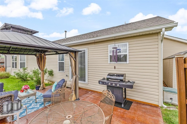 view of patio with a gazebo, outdoor dining area, grilling area, and an outdoor living space