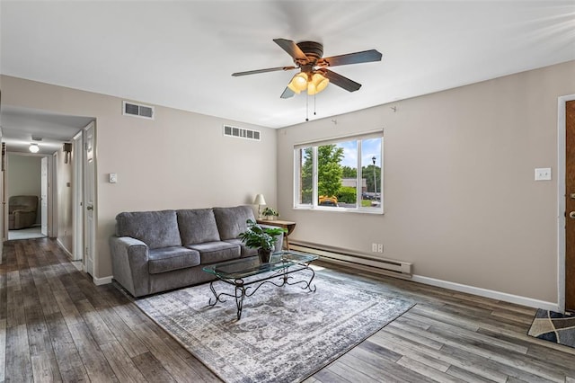 10003 Sakura Dr Unit B, Concord Township, MO 63128 - living room with baseboard heating, wood finished floors, ceiling fan, and baseboards