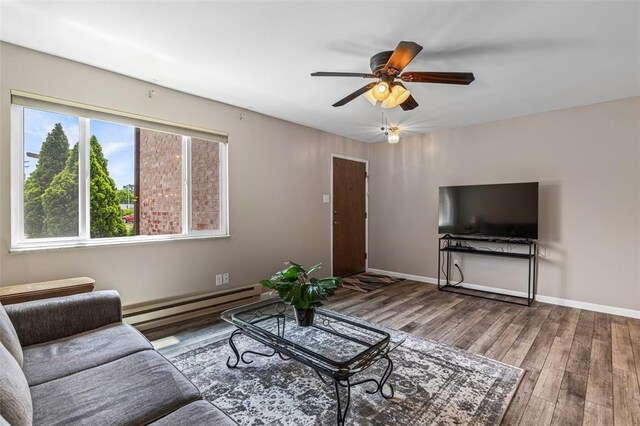 10003 Sakura Dr Unit B, Concord Township, MO 63128 - living area with baseboard heating, wood finished floors, a ceiling fan, and baseboards