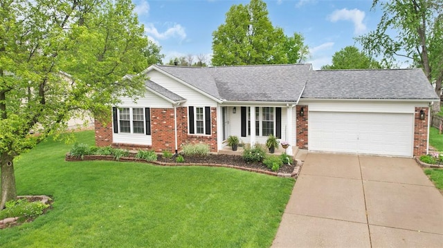 single story home with brick siding, a garage, and driveway
