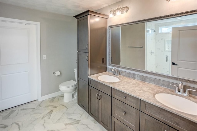 full bathroom featuring marble look tile flooring, toilet, a stall shower, and double vanity