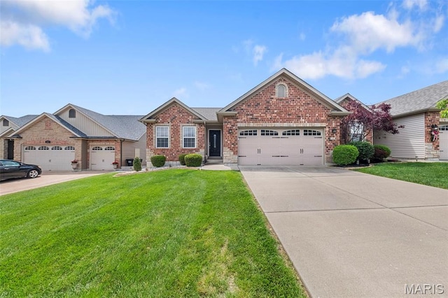 205 Stephanie Lynn Ct, Wentzville, MO 63385 - view of front of property featuring a garage, concrete driveway, a front lawn, and brick siding