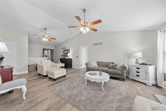 205 Stephanie Lynn Ct, Wentzville, MO 63385 - living room with a ceiling fan, light wood finished floors, lofted ceiling, and baseboards