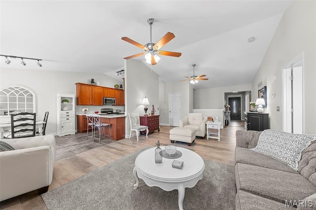 205 Stephanie Lynn Ct, Wentzville, MO 63385 - living room with lofted ceiling, ceiling fan, and light wood-style floors