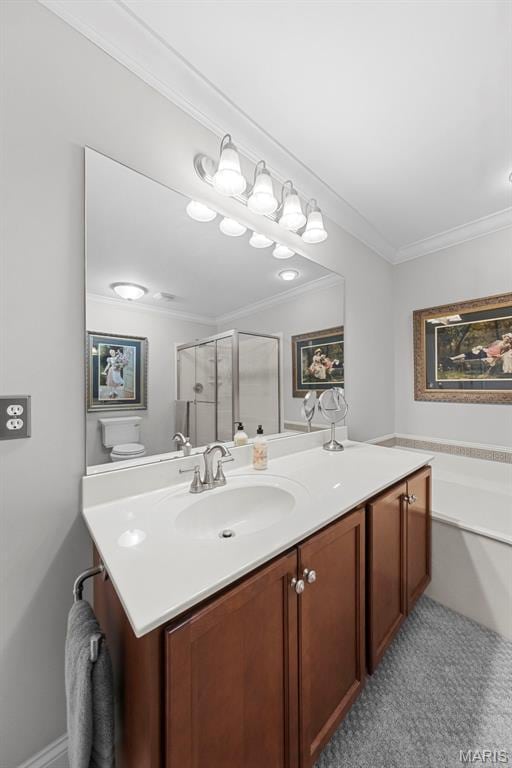 205 Stephanie Lynn Ct, Wentzville, MO 63385 - full bath featuring vanity, ornamental molding, a garden tub, and a shower with shower door