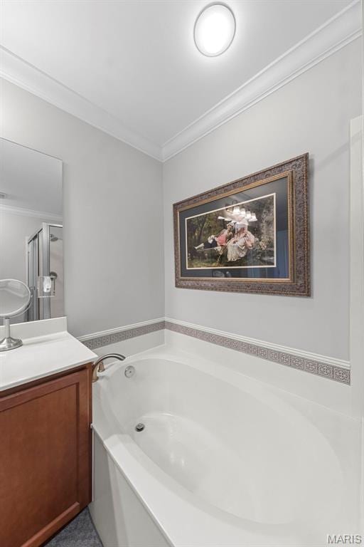 205 Stephanie Lynn Ct, Wentzville, MO 63385 - bathroom featuring ornamental molding, a garden tub, vanity, and a shower stall