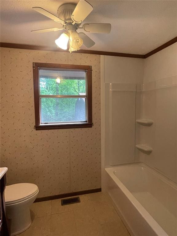 729 State Highway U, Burfordville, MO 63739 - bathroom with vanity, ornamental molding, toilet, a ceiling fan, and bathing tub / shower combination