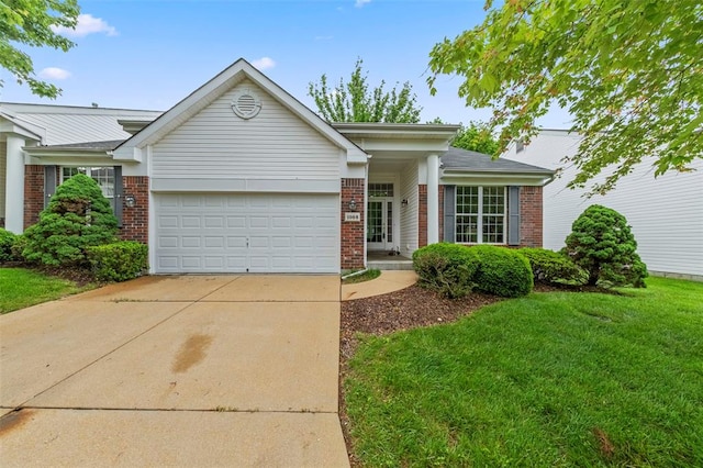 1008 Shire Ln, Eureka, MO 63025 - ranch-style home featuring brick siding, an attached garage, driveway, and a front lawn