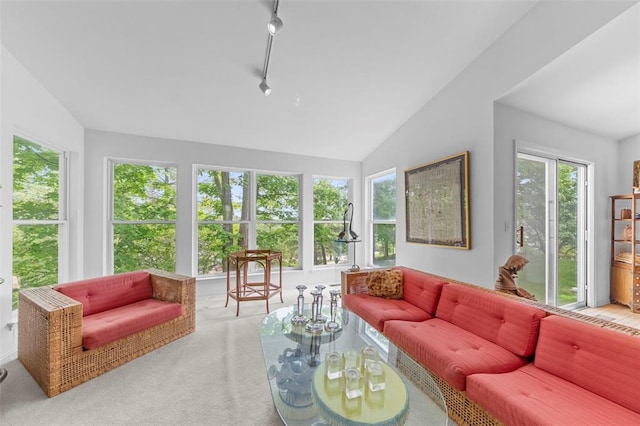 1008 Shire Ln, Eureka, MO 63025 - sunroom with vaulted ceiling, carpet flooring, and track lighting
