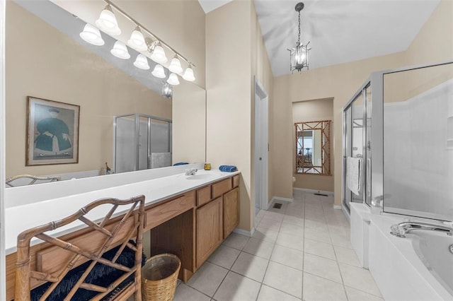 1008 Shire Ln, Eureka, MO 63025 - full bath featuring a shower stall, tile patterned flooring, a garden tub, vanity, and baseboards
