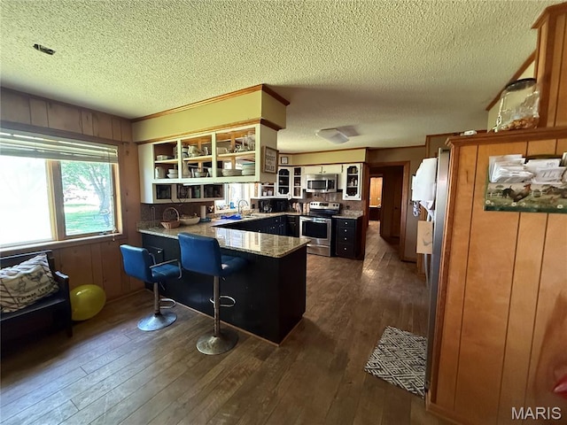 7526 State Highway 164, Cardwell, MO 63829 - kitchen featuring appliances with stainless steel finishes, open shelves, a peninsula, a textured ceiling, and dark wood-style flooring