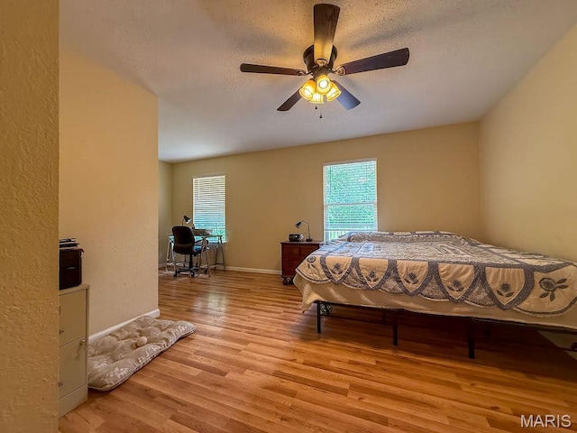 524 Arrowhead Pt, Cedar Hill, MO 63016 - bedroom with light wood finished floors, a textured ceiling, ceiling fan, and a desk