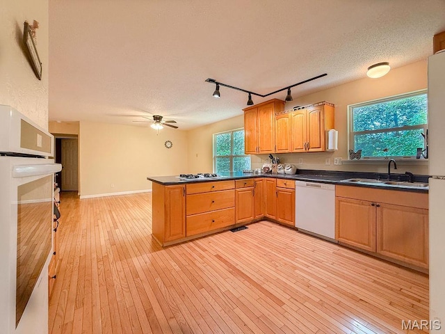 524 Arrowhead Pt, Cedar Hill, MO 63016 - kitchen featuring white appliances, light wood-style floors, dark countertops, rail lighting, and a peninsula