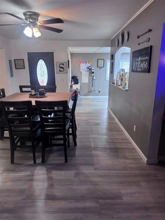 313 W Crumb Ave, Bernie, MO 63822 - dining area with ceiling fan, baseboards, wood finished floors, and crown molding