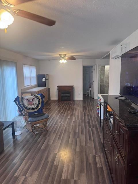 313 W Crumb Ave, Bernie, MO 63822 - living area featuring a ceiling fan, a fireplace, dark wood-type flooring, and a wall mounted AC