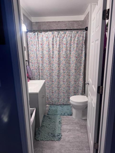 313 W Crumb Ave, Bernie, MO 63822 - full bath featuring vanity, wood finished floors, toilet, and curtained shower