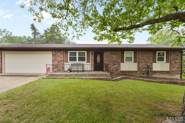1414 Rue Camille, Bonne Terre, MO 63628 - ranch-style home featuring brick siding, concrete driveway, an attached garage, and a front lawn