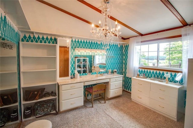 23571 Peppermill Ln, Hettick, IL 62649 - office area with vaulted ceiling, built in desk, a chandelier, and light colored carpet