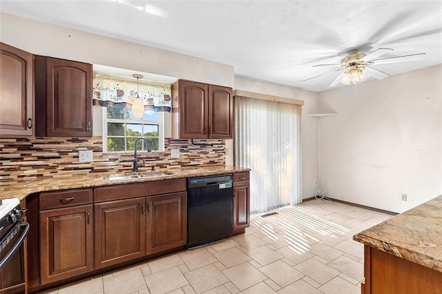 226 Ridgeview Dr, Columbia, IL 62236 - kitchen featuring dishwasher, a sink, decorative backsplash, a ceiling fan, and range with electric stovetop