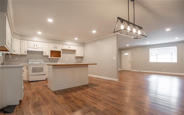 2137 Inman Rd, Poplar Bluff, MO 63901 - kitchen featuring white range with electric stovetop, under cabinet range hood, ornamental molding, a kitchen island, and a sink