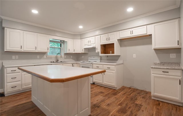 2137 Inman Rd, Poplar Bluff, MO 63901 - kitchen with white range with electric cooktop, a sink, crown molding, under cabinet range hood, and white cabinetry