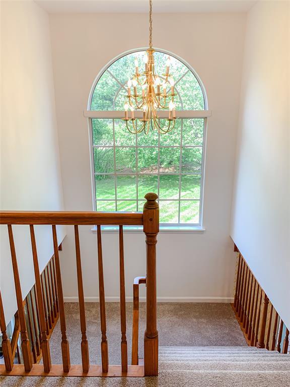 staircase with a chandelier, carpet, and baseboards