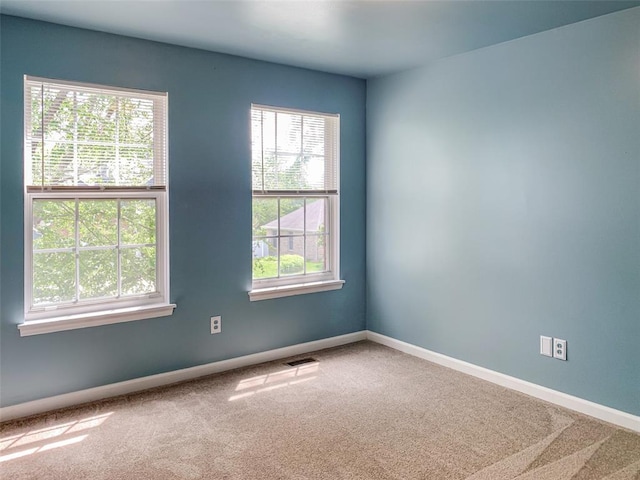 carpeted spare room featuring healthy amount of natural light and baseboards