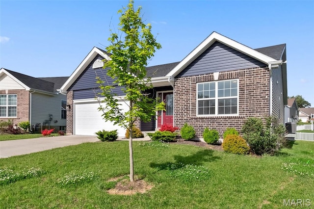 203 Homestretch Ln, Wentzville, MO 63385 - ranch-style home featuring brick siding, a garage, concrete driveway, and a front yard