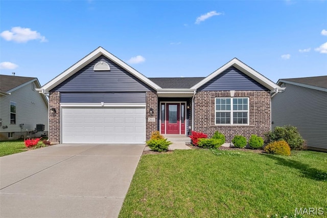 203 Homestretch Ln, Wentzville, MO 63385 - ranch-style house featuring brick siding, a garage, driveway, and a front yard