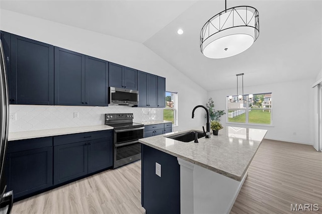 203 Homestretch Ln, Wentzville, MO 63385 - kitchen with stainless steel appliances, lofted ceiling, light wood finished floors, backsplash, and blue cabinets
