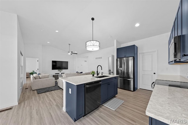 203 Homestretch Ln, Wentzville, MO 63385 - kitchen featuring black dishwasher, stainless steel fridge with ice dispenser, blue cabinets, light countertops, and high vaulted ceiling