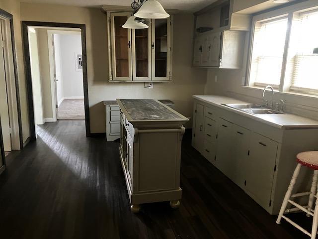 423 W Mckinley Ave, Bernie, MO 63822 - kitchen featuring a sink, dark wood finished floors, pendant lighting, and glass insert cabinets