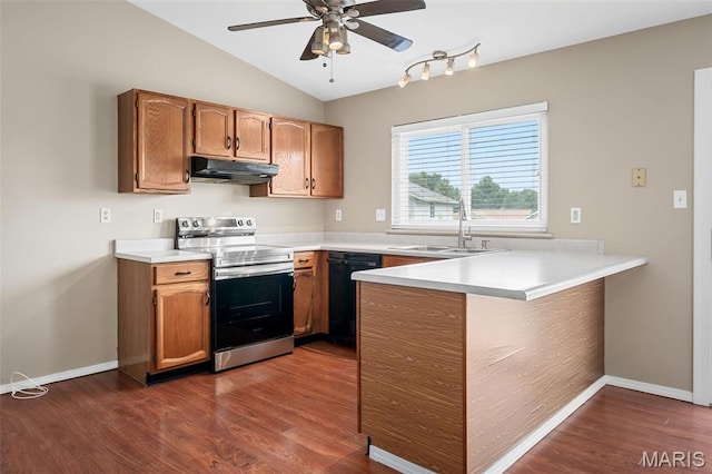 104 Maywood Ct, Saint Peters, MO 63376 - kitchen featuring stainless steel range with electric stovetop, under cabinet range hood, dishwasher, a peninsula, and dark wood-style flooring