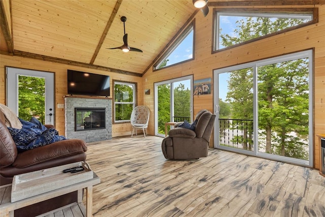 living room featuring wooden walls, high vaulted ceiling, wood finished floors, wooden ceiling, and ceiling fan