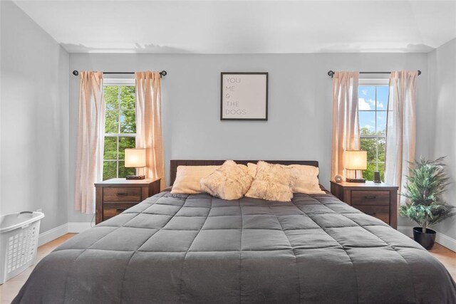 bedroom with multiple windows, baseboards, and wood finished floors