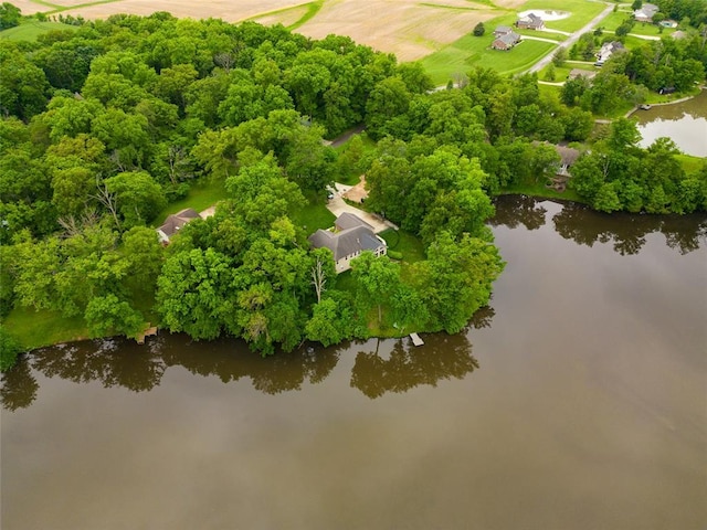 aerial view of a nearby body of water and a tree filled landscape
