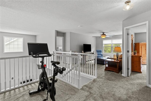 2056 Hawks Landing Dr, Lake St Louis, MO 63367 - exercise room with a textured ceiling, carpet floors, and a ceiling fan