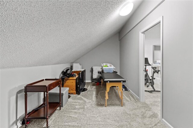 2056 Hawks Landing Dr, Lake St Louis, MO 63367 - home office featuring a textured ceiling, carpet floors, vaulted ceiling, and baseboards
