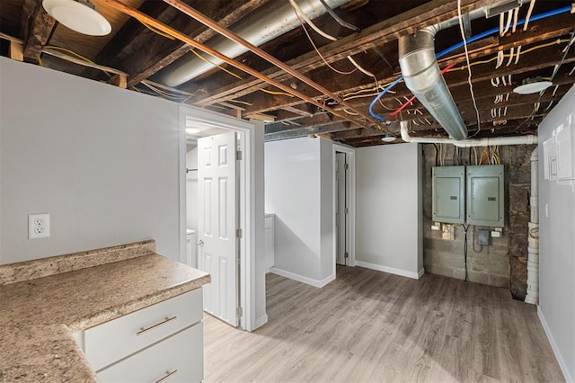 3534 Washington Ave, Saint Louis, MO 63103 - unfinished below grade area with electric panel, light wood-style floors, and baseboards