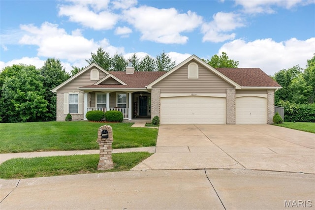 13116 Ambrose Ct, Black Jack, MO 63033 - ranch-style house with a porch, brick siding, a garage, and a front yard