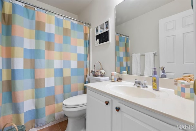 13116 Ambrose Ct, Black Jack, MO 63033 - bathroom with vanity, toilet, tile patterned floors, and a shower with shower curtain