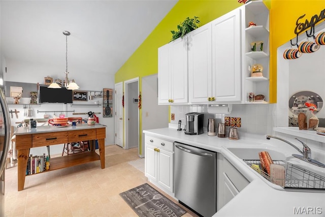 13116 Ambrose Ct, Black Jack, MO 63033 - kitchen featuring stainless steel dishwasher, open shelves, white cabinets, and vaulted ceiling