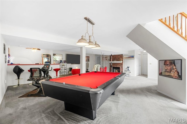 13116 Ambrose Ct, Black Jack, MO 63033 - game room featuring carpet flooring, pool table, a fireplace, and ceiling fan