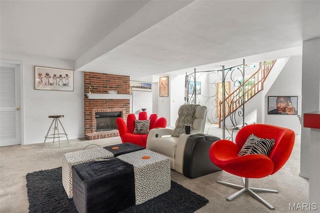 13116 Ambrose Ct, Black Jack, MO 63033 - carpeted living room with a brick fireplace, baseboards, and stairs