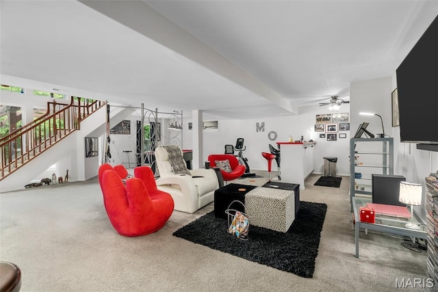 13116 Ambrose Ct, Black Jack, MO 63033 - carpeted living area featuring stairs and ceiling fan
